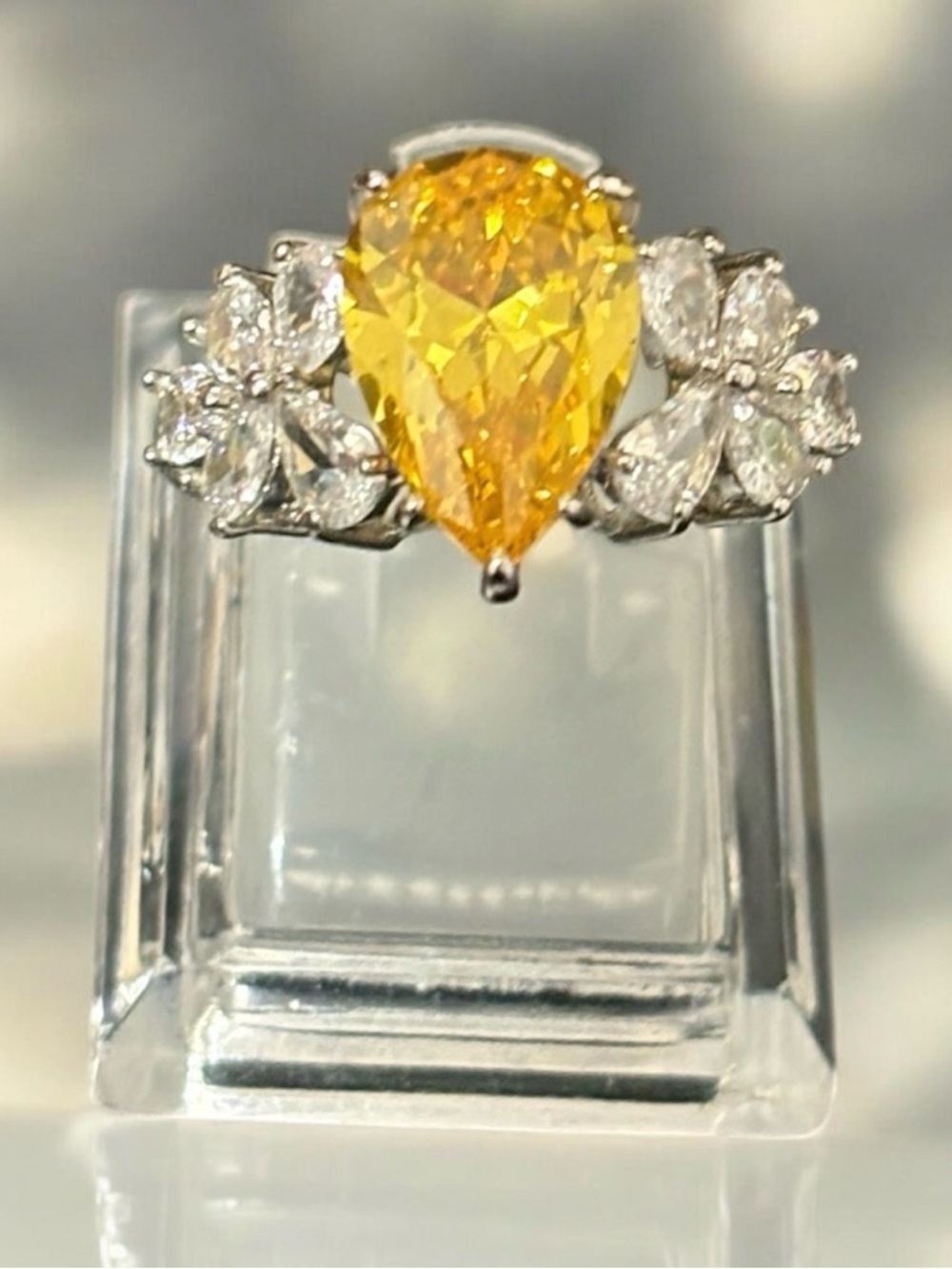 Yellow Pear-Cut Gemstone Floral Halo Ring - Women Jewelry